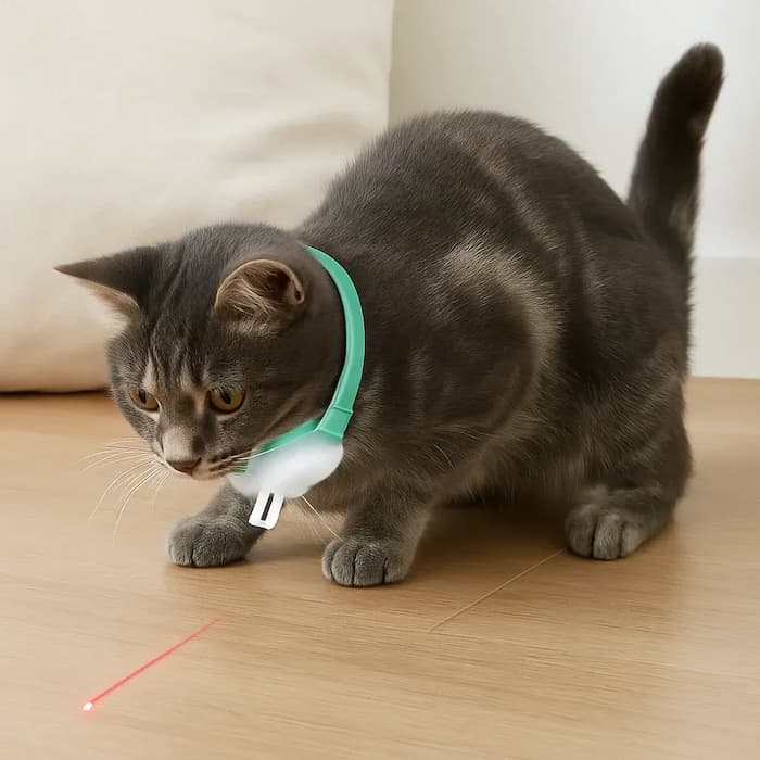 Cat wearing green laser toy collar