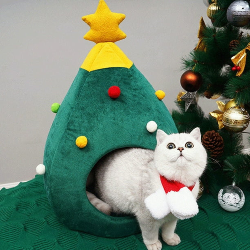 Cat Christmas Tree Bed | Festive Cave House | Warm & Cozy Hideout | Removable Cushion | All-Season Use
