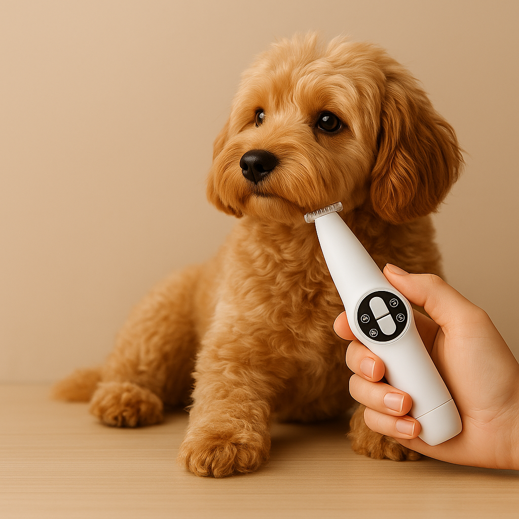 2-in-1 Electric Pet Nail Trimmer and File - Quiet Motor, USB Rechargeable - Small brown dog being groomed with a white grooming tool on a beige background