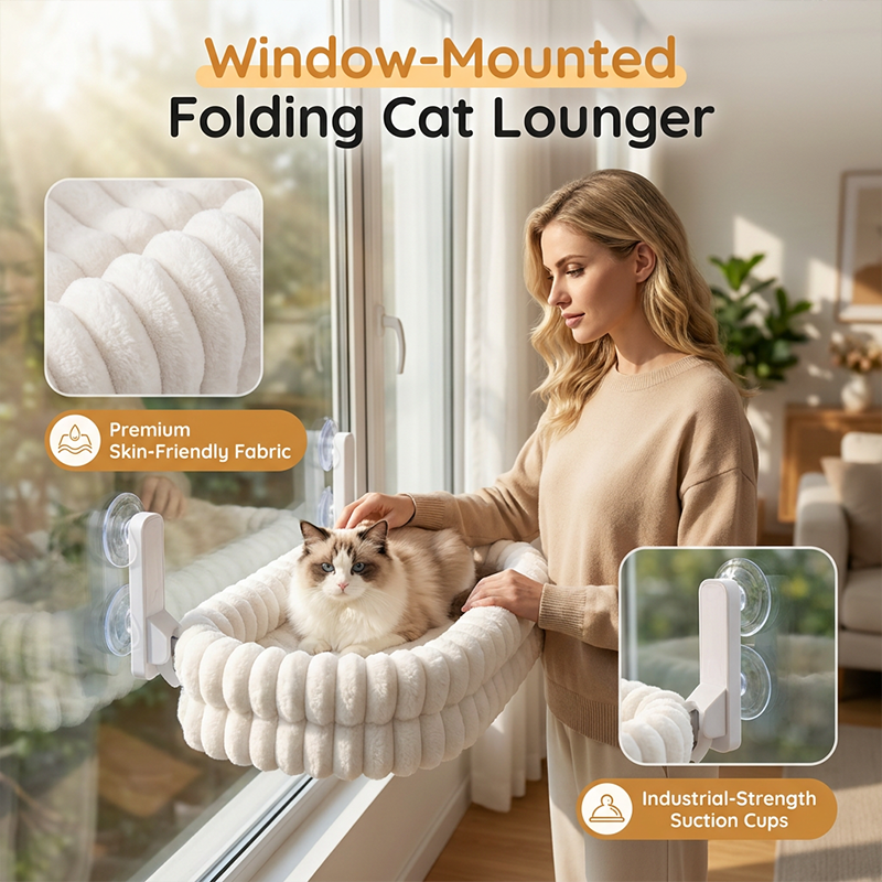 Cat lounging on a folding window perch