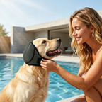 Dog wearing a grey ear-covering hoodie