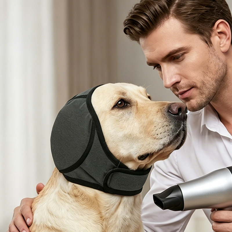 Dog wearing ear hoodie outdoors