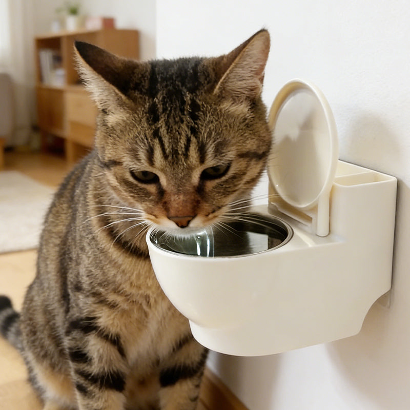 Cat eating from wall-mounted feeder