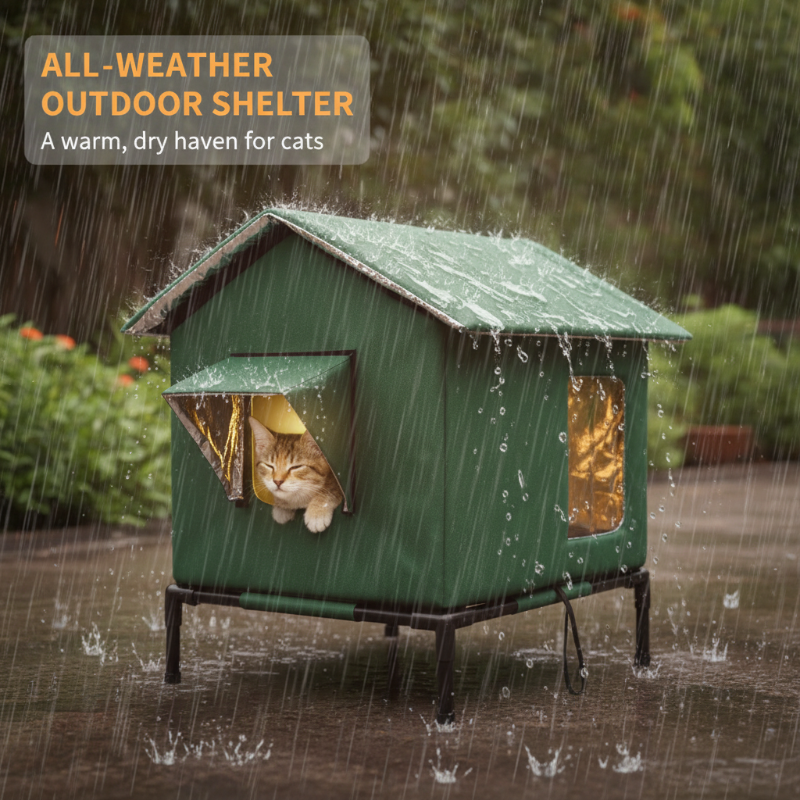Raised outdoor cat house with water-repellent cover
