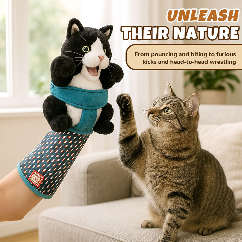 Cat pouncing and kicking the glove