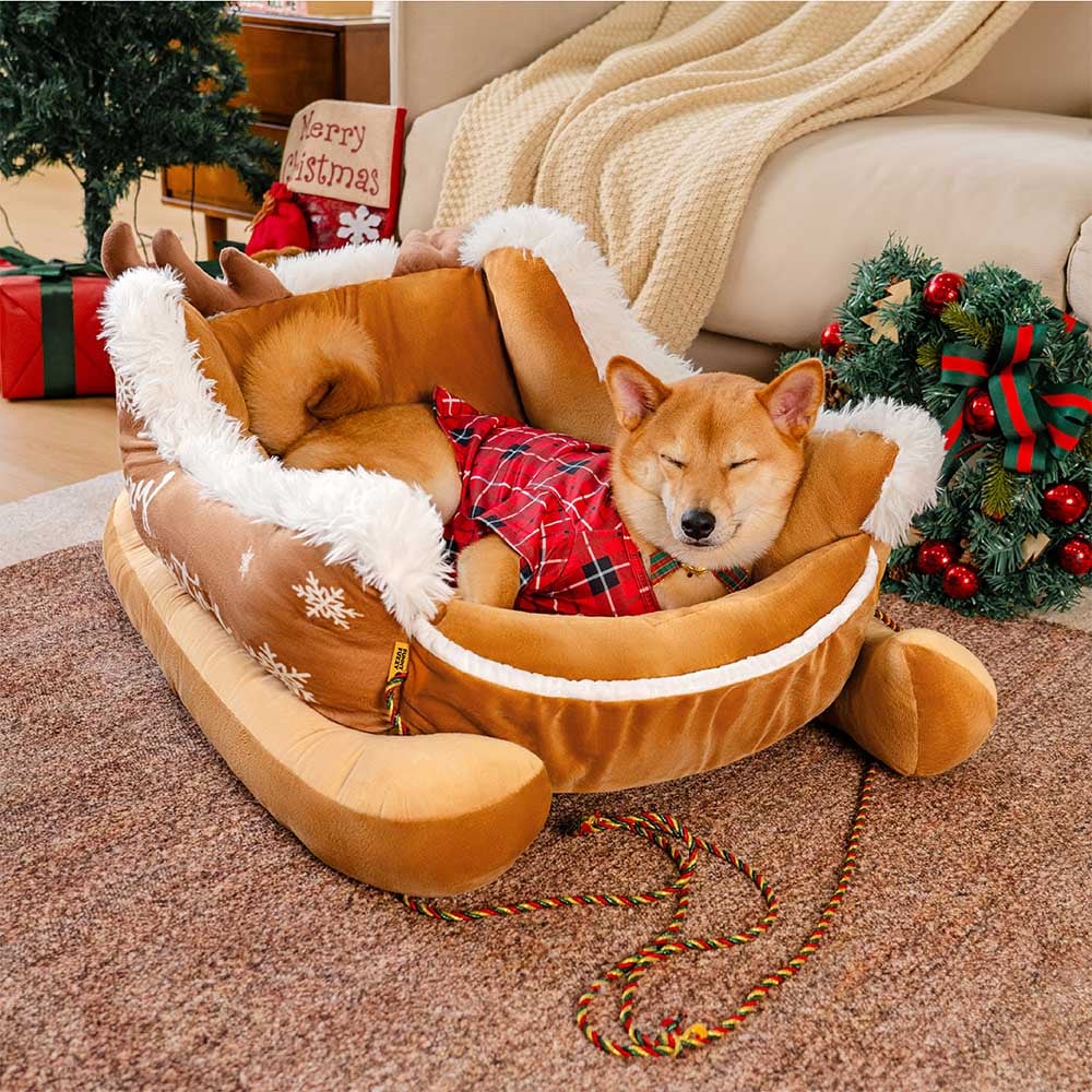 Christmas sleigh dog bed in brown