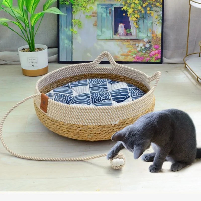Hand-woven cat bed with cat ears
