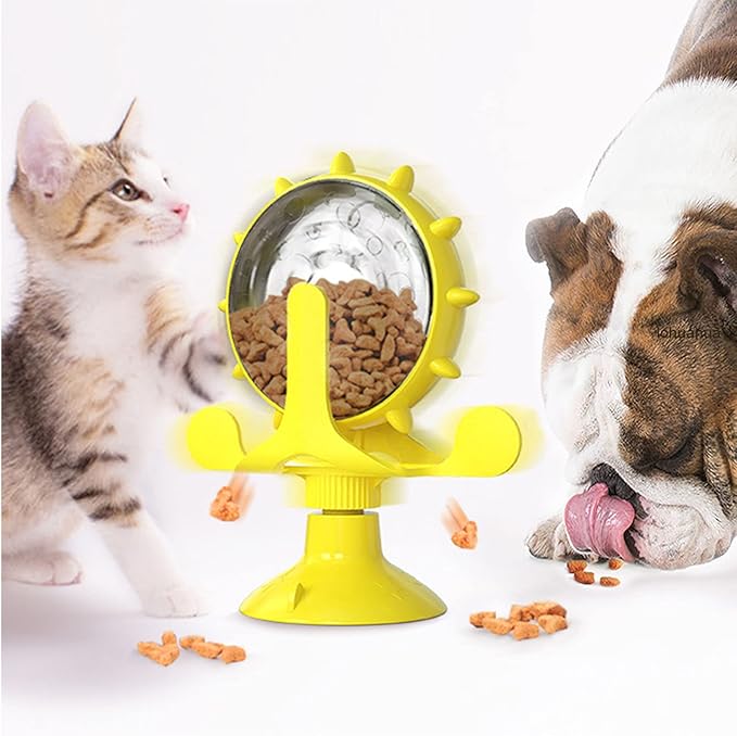 Rotating treat wheel toy in yellow