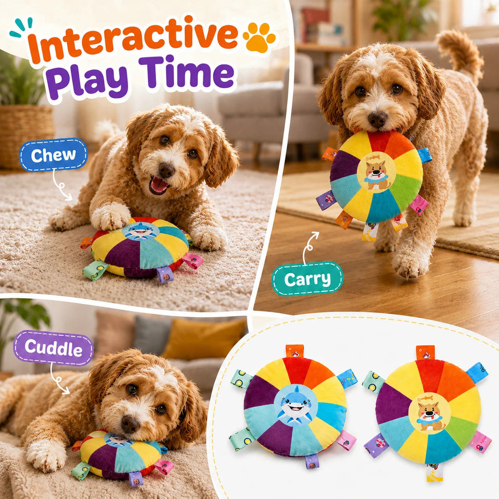 Small dog playing with plush frisbee