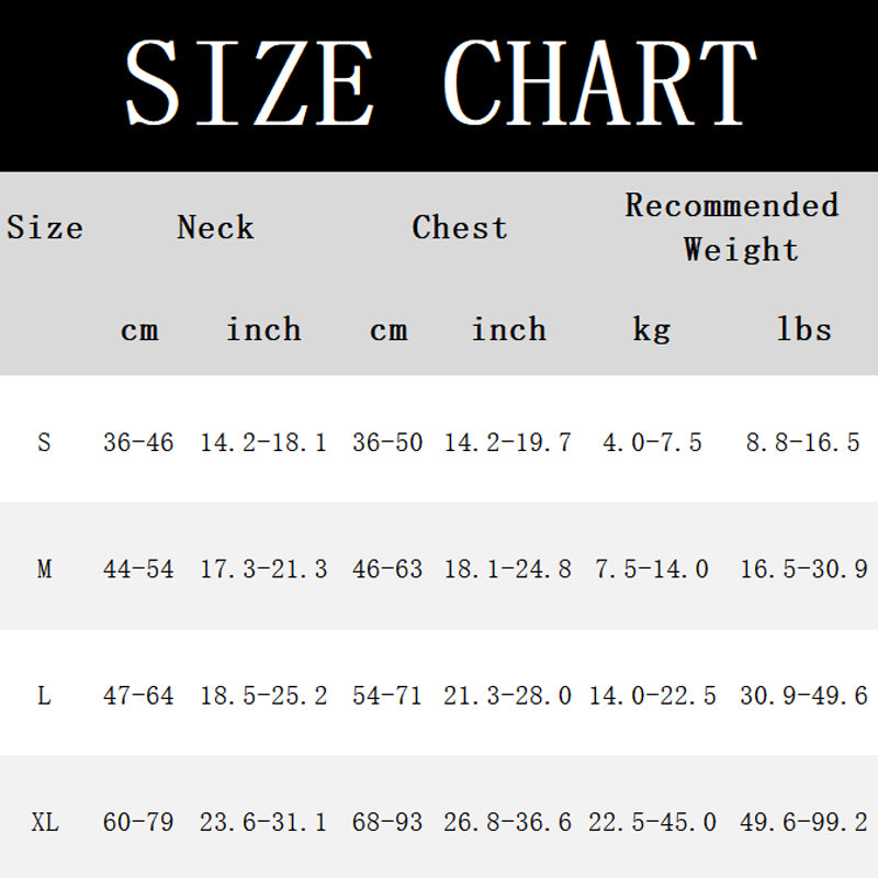 Harness size chart