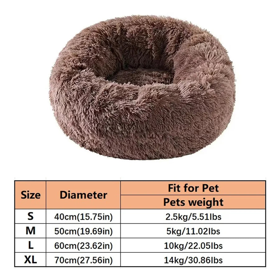 Khaki donut pet bed with size details