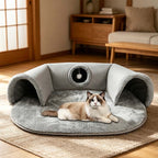 Grey plush cat cave bed with play tunnel