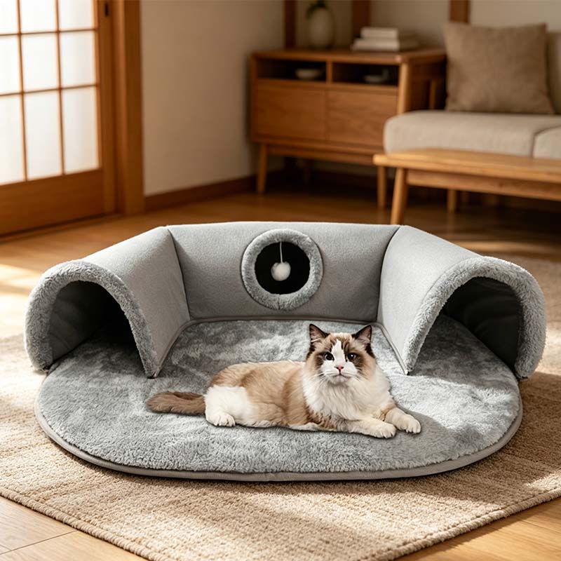 Grey plush cat cave bed with play tunnel