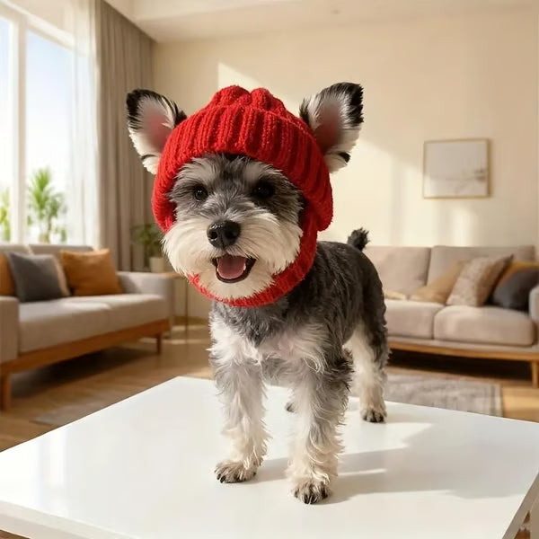 Knitted dog hat side view