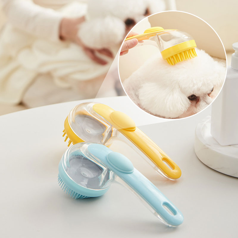 Pet bath brush with built-in shampoo dispenser