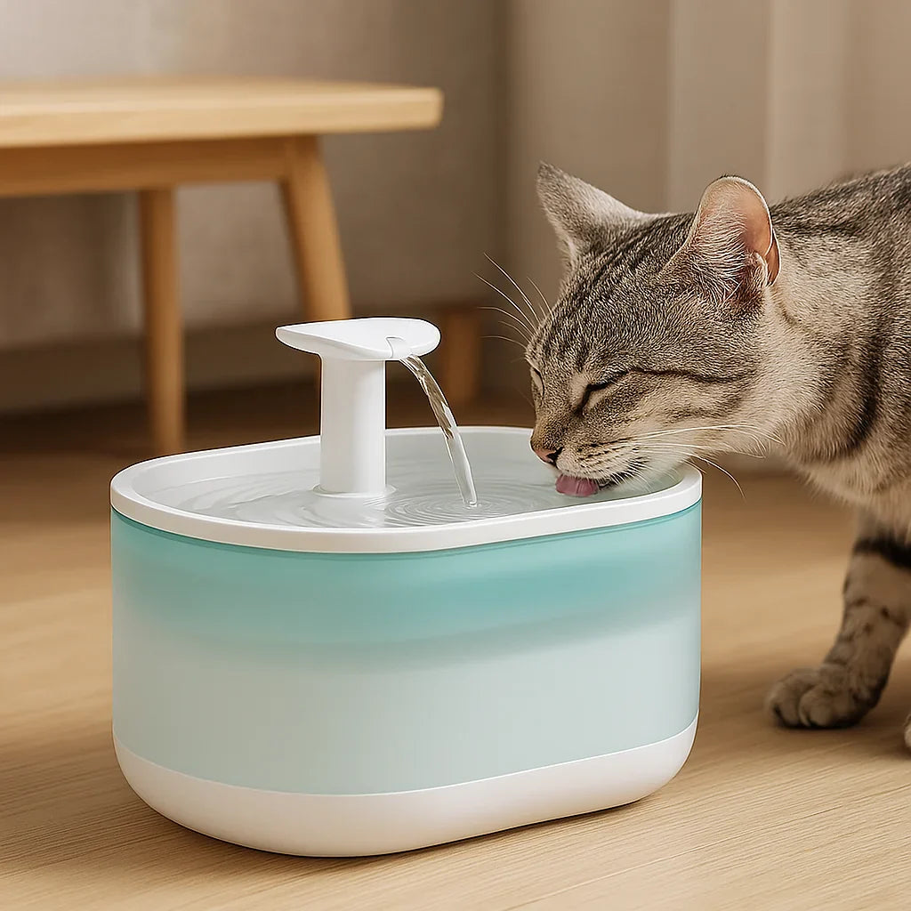 Quiet Pet Water Fountain for Cats - 5-Layer Filter, BPA-Free - Cat drinking water from a blue and white pet fountain on a wooden floor.