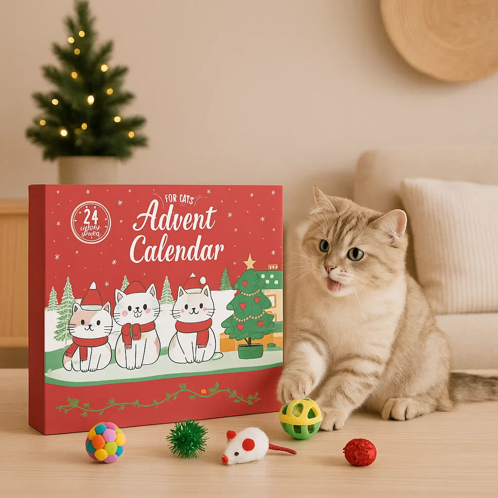 24-Day Cat Advent Calendar - Interactive Holiday Toy Set for Cats - Cat advent calendar for cats with a cat interacting with toys on a table.