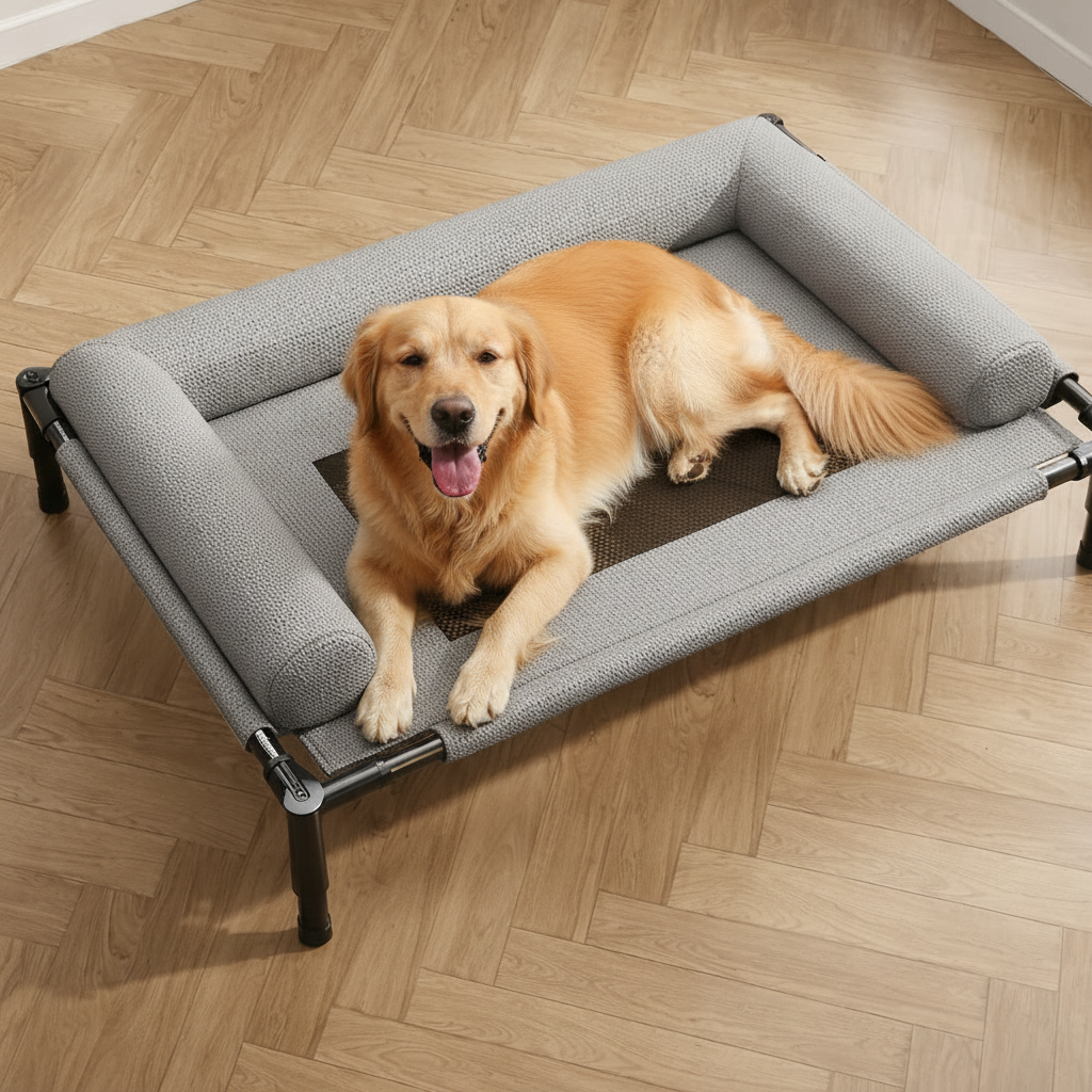 Dog resting on raised outdoor bed