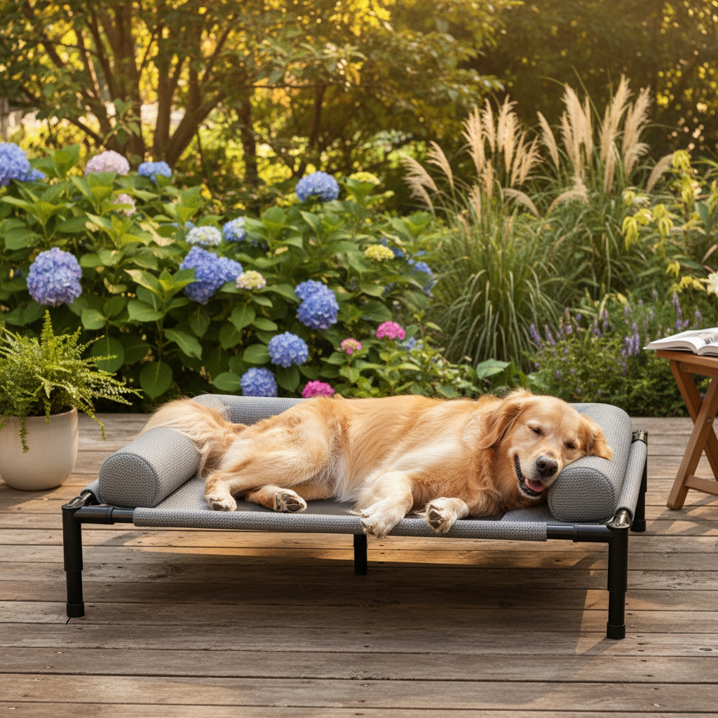 Elevated outdoor dog bed with steel frame