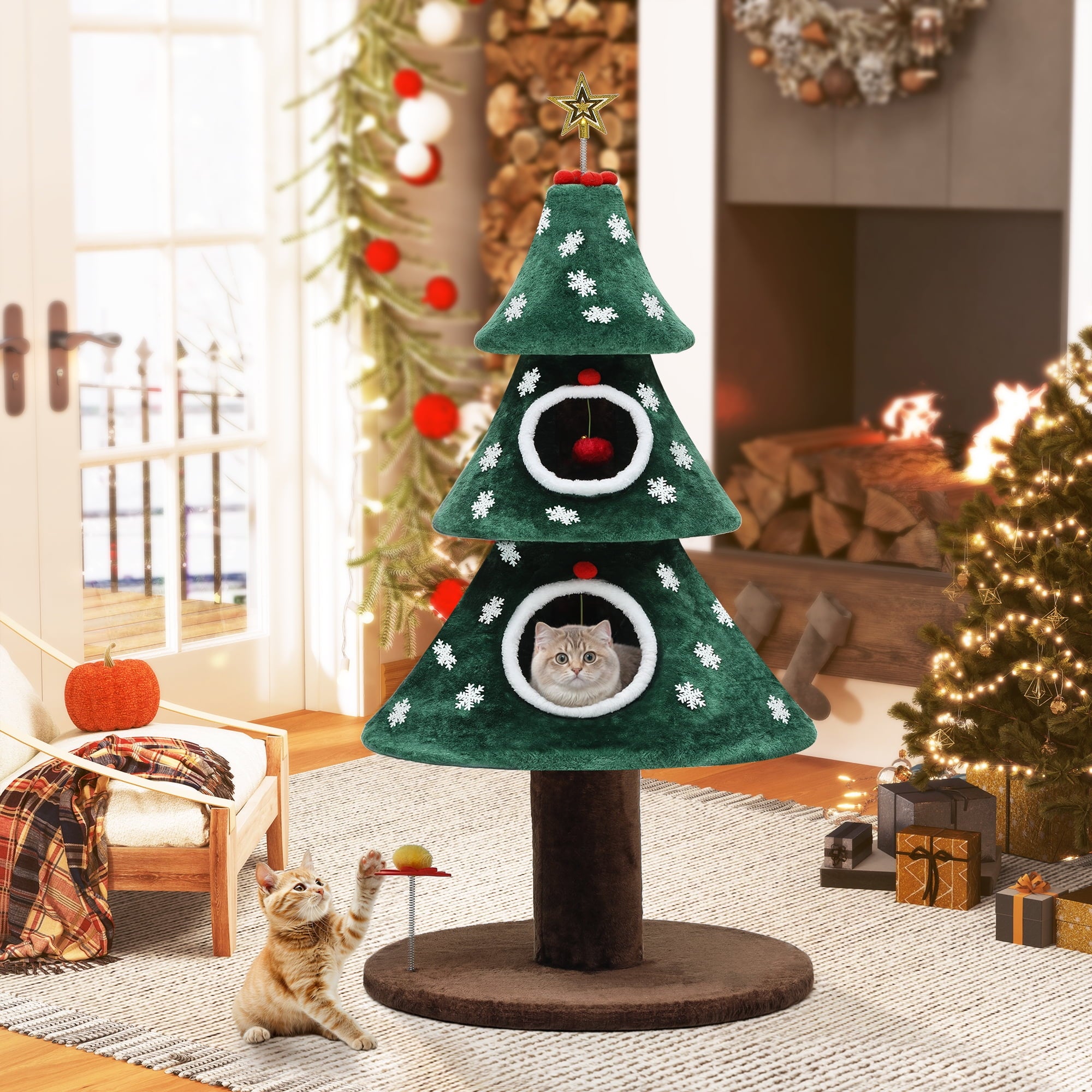 Christmas Cat Tree – 2-Tier Cat Tower with Teaser Toy, Kitten Activity Center, Holiday Cat Furniture