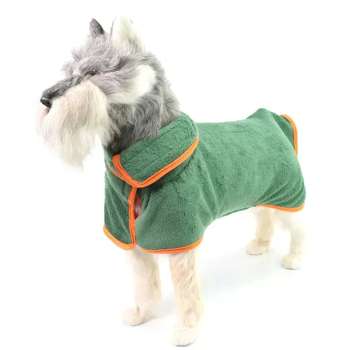 Dog in drying robe after bath