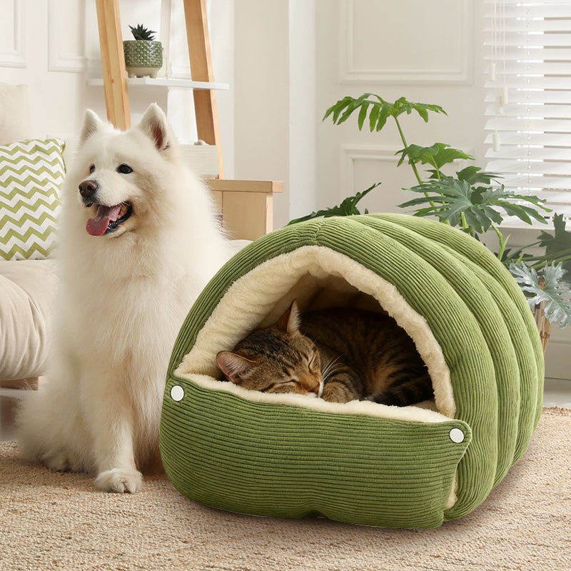 Plush pet cave bed in green