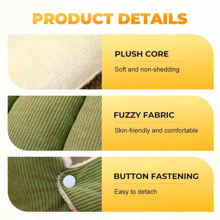 Plush pet cave bed fabric and button details