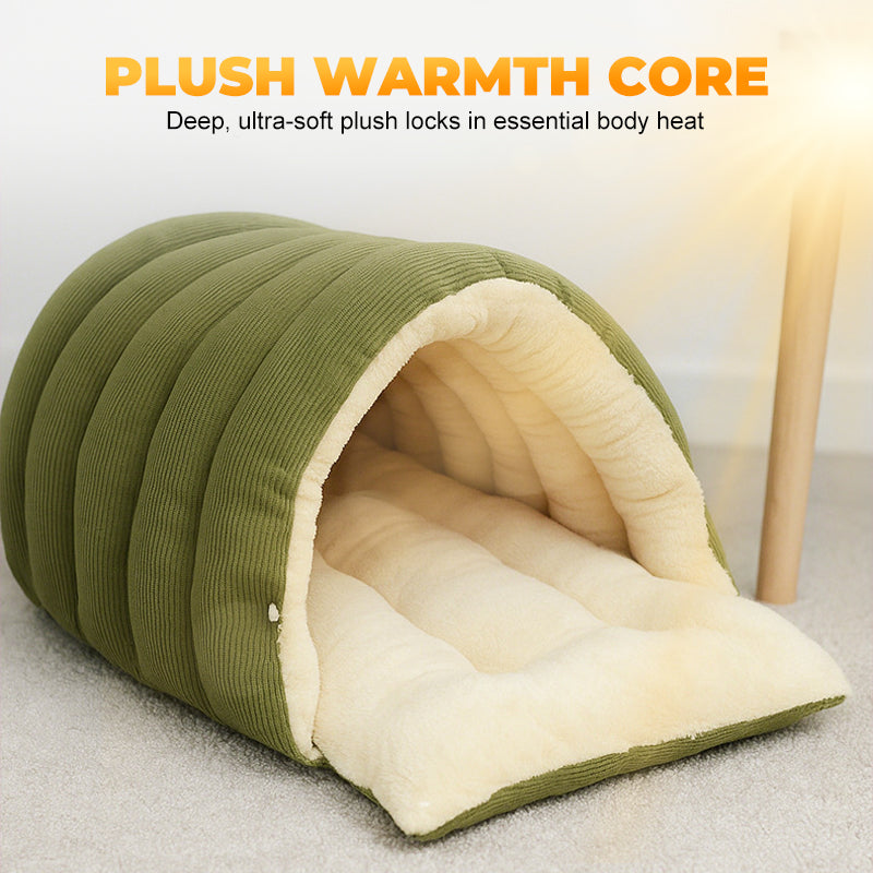 Deep plush lining of pet cave bed