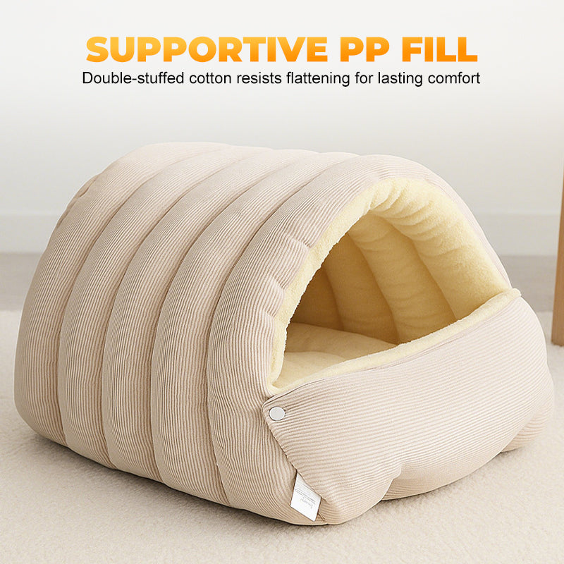 Cotton-filled walls of pet cave bed