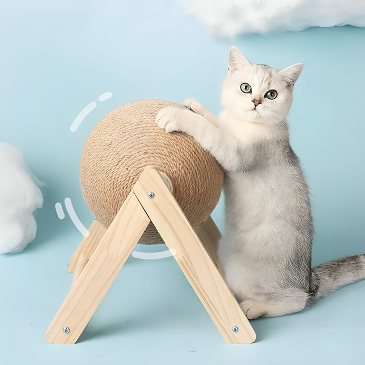 Rotating cat scratching ball with wooden base