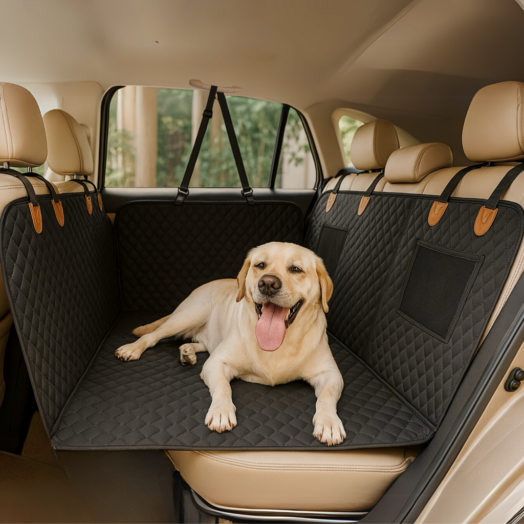 Waterproof Dog Backseat Protector - Full Coverage Car Seat Extender - Dog sitting on a black car seat cover in a vehicle
