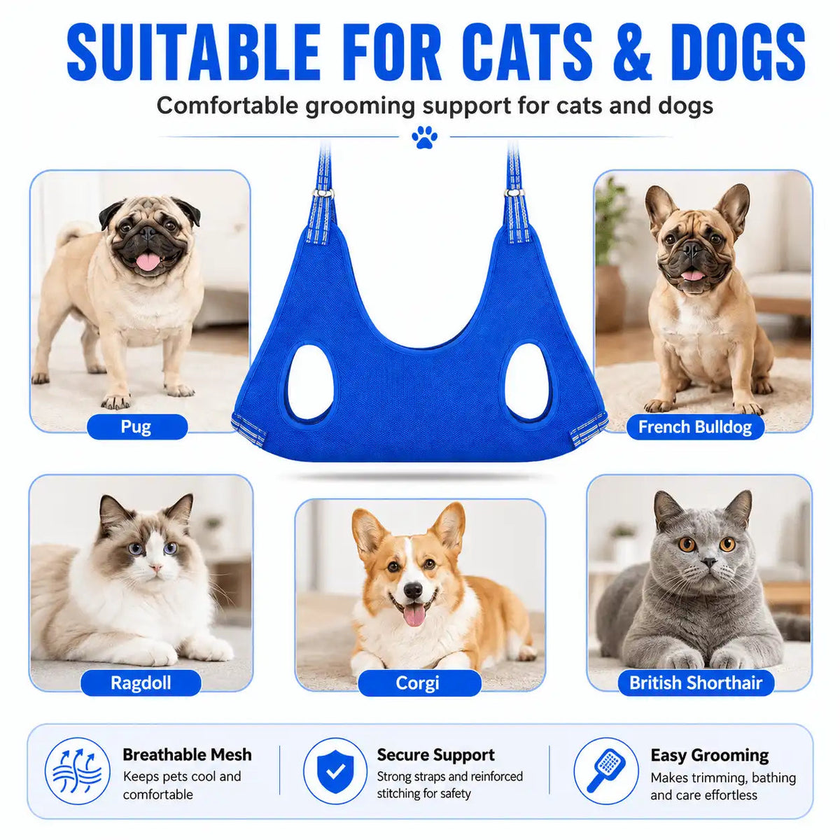 Grooming hammock for cats and dogs