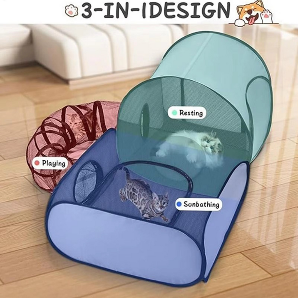 3-in-1 cat tent and tunnel setup