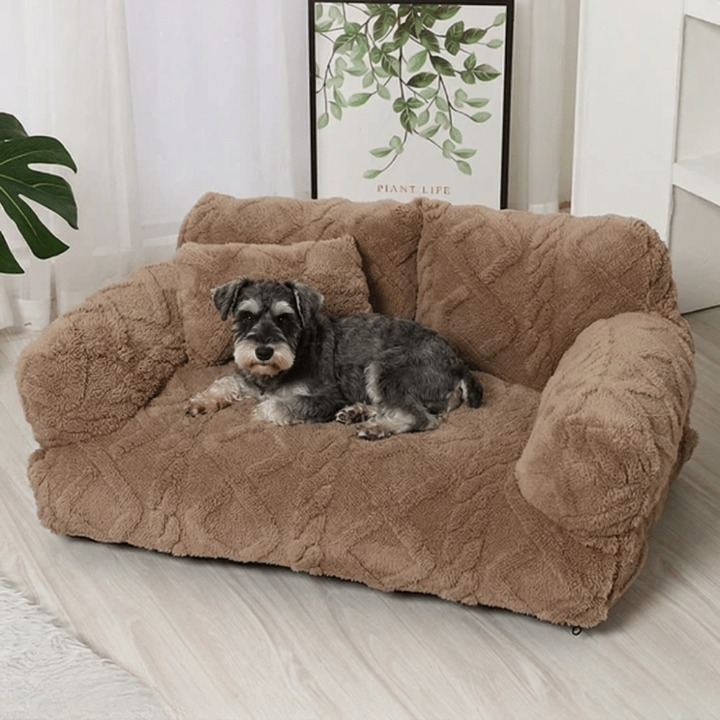 Khaki plush pet sofa bed with cushion