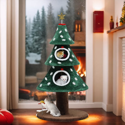 Christmas Cat Tree – 2-Tier Cat Tower with Teaser Toy, Kitten Activity Center, Holiday Cat Furniture