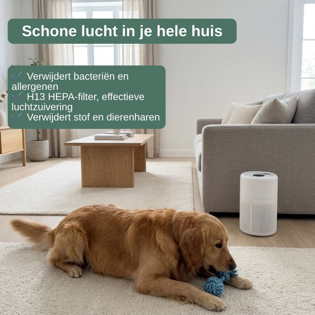 White cylindrical HEPA air purifier with perforated vents, shown beside a sleeping cat at home (view 3)