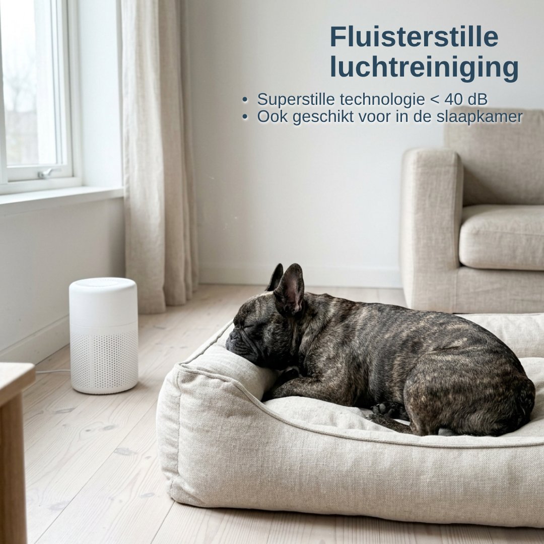 White cylindrical HEPA air purifier with perforated vents, shown beside a sleeping cat at home (view 4)