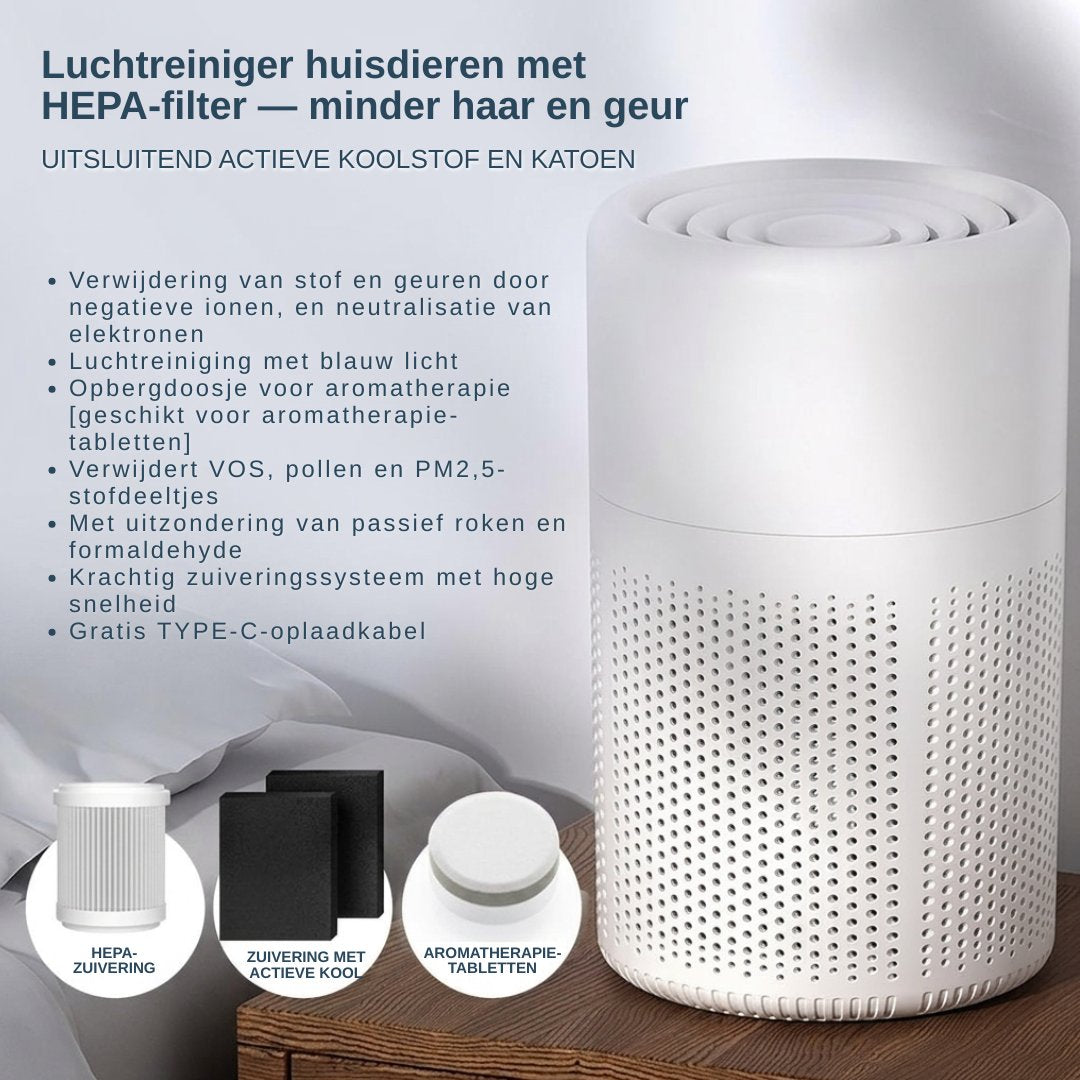 White cylindrical HEPA air purifier with perforated vents, shown beside a sleeping cat at home (view 5)