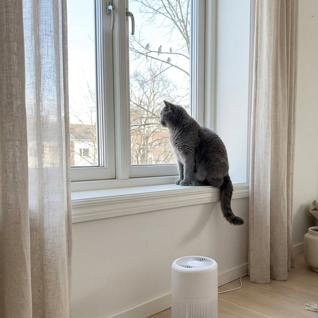 White cylindrical HEPA air purifier with perforated vents, shown beside a sleeping cat at home (view 8)