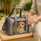 Airline Approved Dog Travel Bag - Breathable Mesh Carrier, Fits Under Seat - Person holding a gray pet carrier with a small dog inside, outdoors.