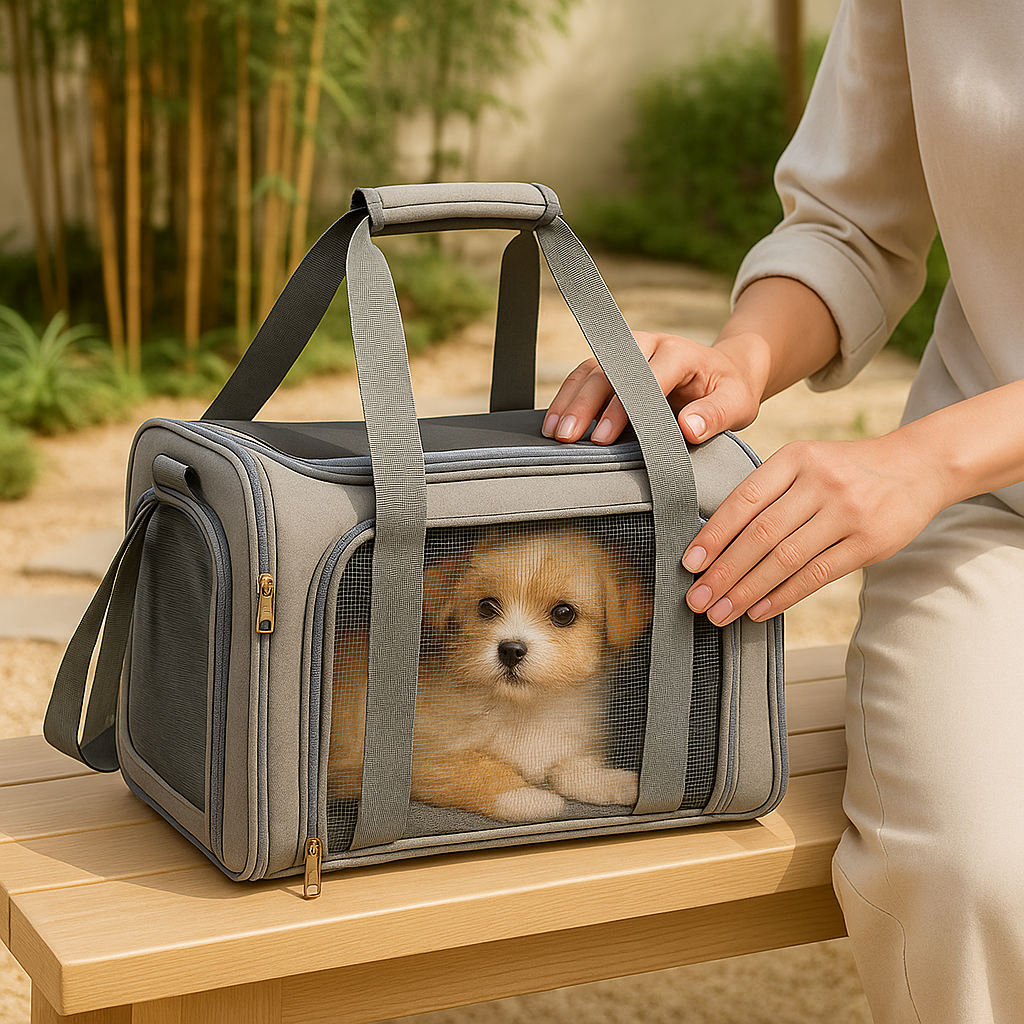 Airline Approved Dog Travel Bag - Breathable Mesh Carrier, Fits Under Seat - Person holding a gray pet carrier with a small dog inside, outdoors.