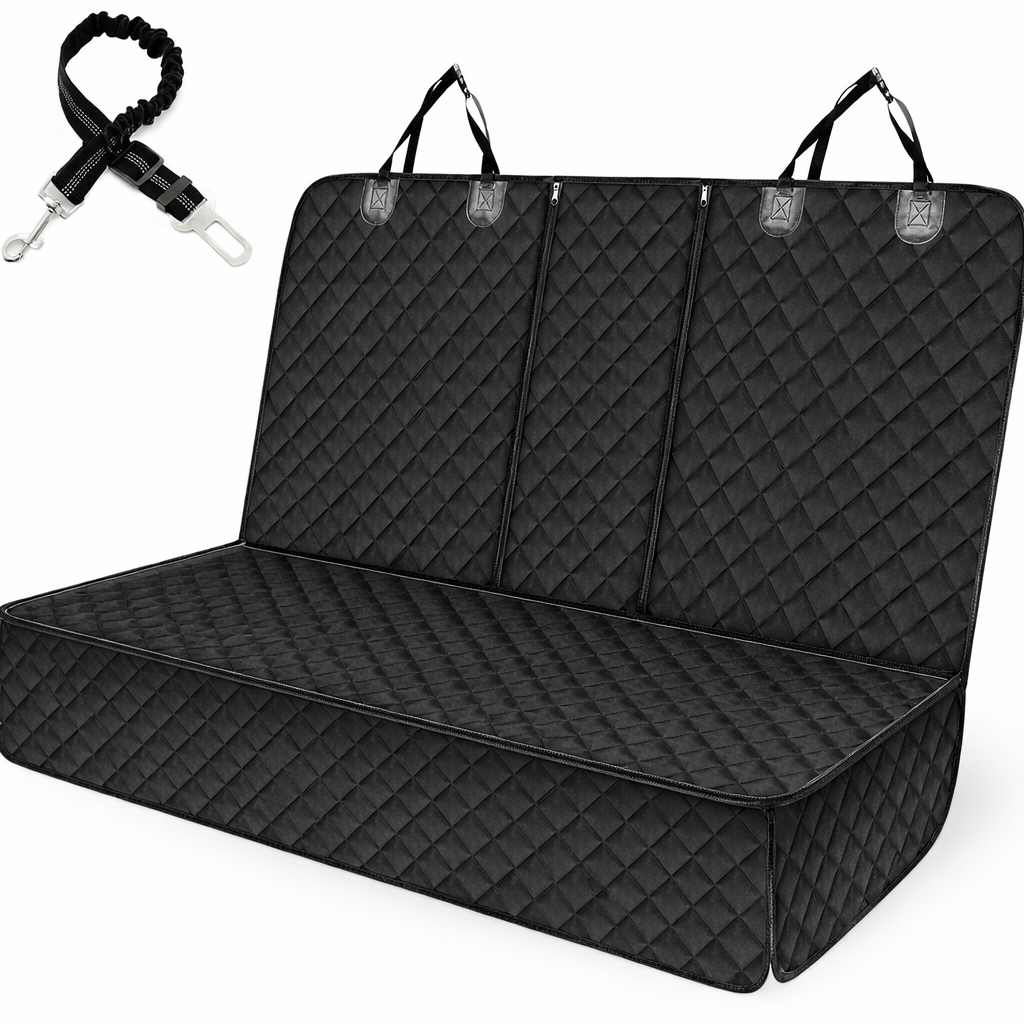 Quilted black back seat cover for dogs with headrest straps