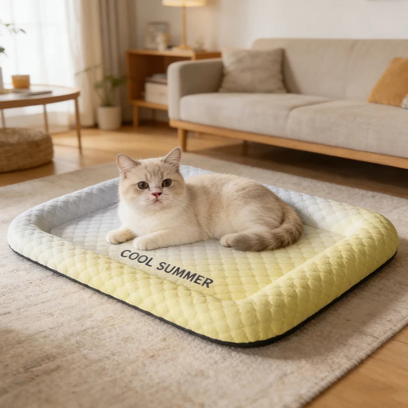 Cat cooling mat on the floor