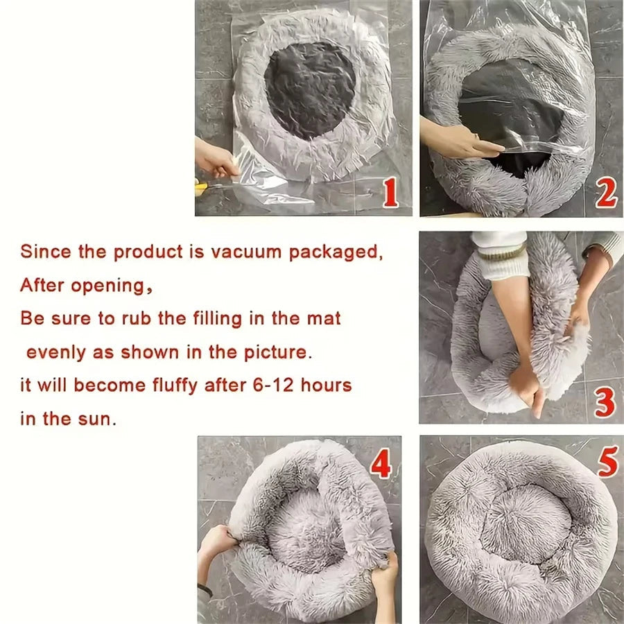 Fluffing the donut bed after unpacking