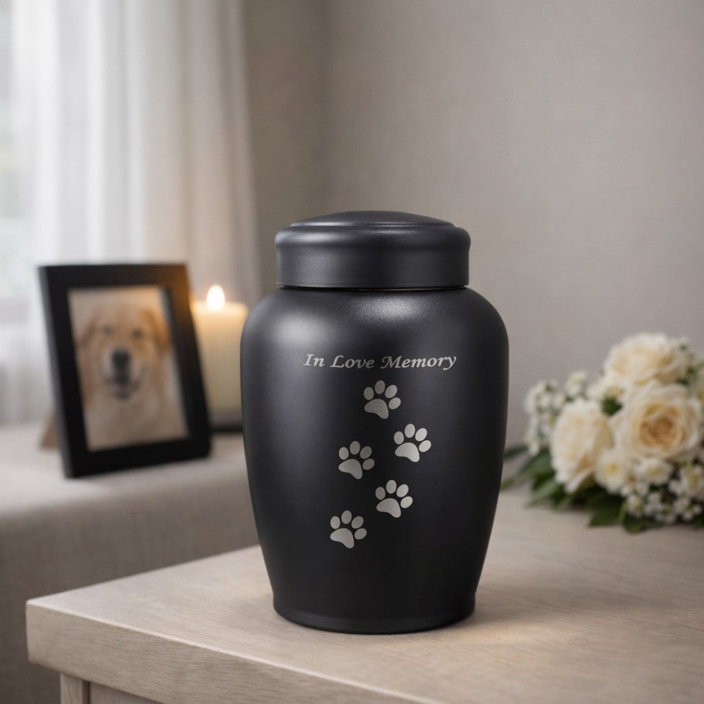 Black stainless steel dog urn with paw prints