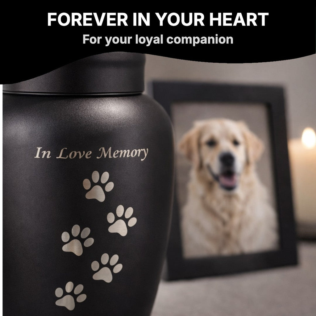 Pet urn next to a framed dog photo
