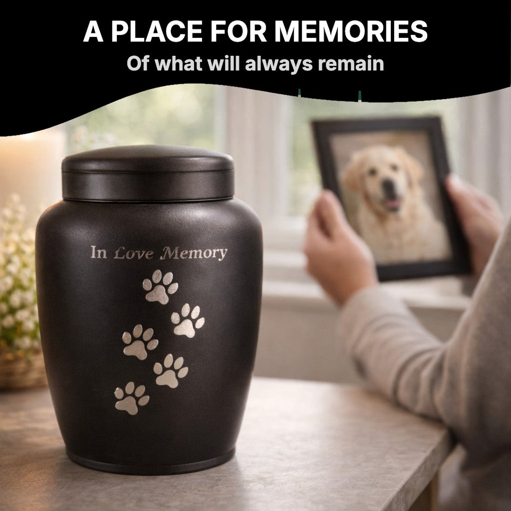 Pet urn in a home memorial corner