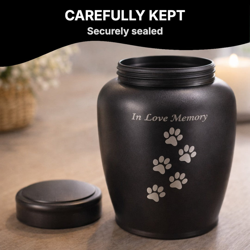 Pet urn with lid removed