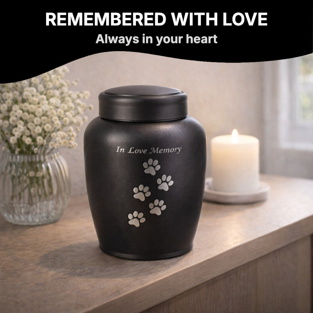 Pet urn on a shelf with candle and flowers