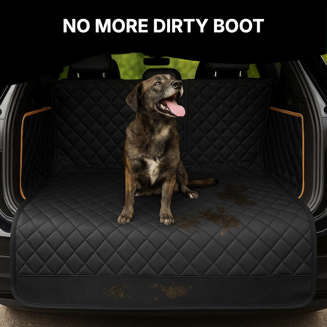 Dog sitting on the boot liner